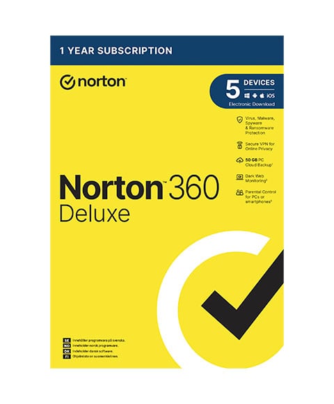 Se Norton 360 Deluxe med VPN - 25 - 50 GB backup - 5 enheder / 1 år hos e-Gear.dk