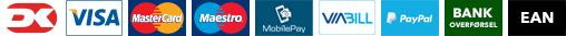 Betalingsmuligheder: Dankort, Visa, Mastercard, Maestro, MobilePay, ViaBill, PayPal, bankoverførsel og EAN
